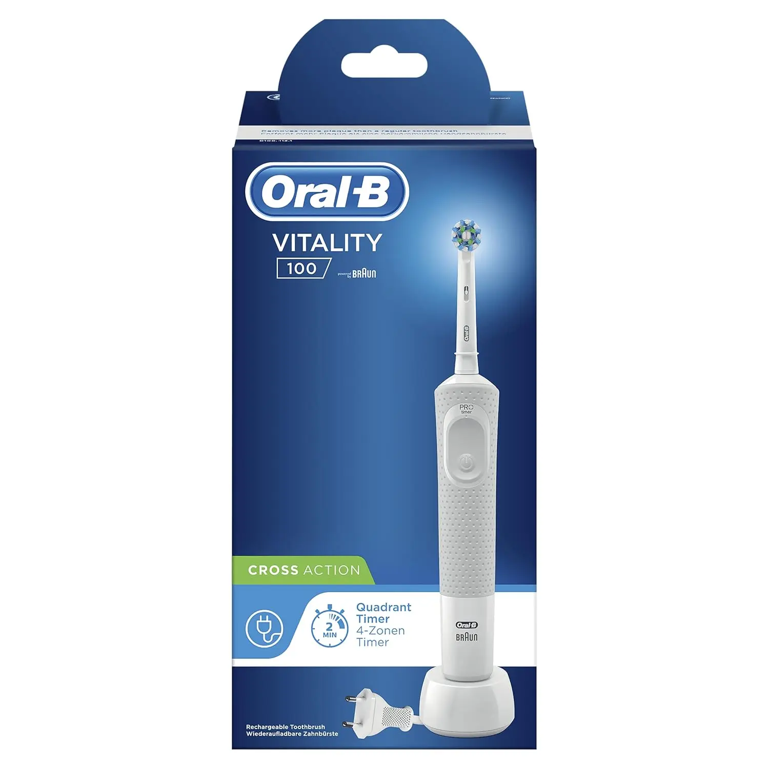 White Oral-B Vitality 100 electric toothbrush with charger and one brush head, designed for adults to effectively remove plaque and promote gum health.