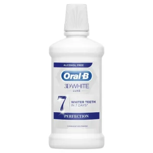 Oral-B 3D White Luxe Perfection mouthwash with clean mint flavour helps keep teeth naturally white, freshens breath and strengthens enamel for a brighter smile in just 7 days.