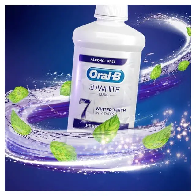 Oral-B 3D White Luxe Perfection mouthwash with clean mint flavour helps keep teeth naturally white, freshens breath and strengthens enamel for a brighter smile in just 7 days.