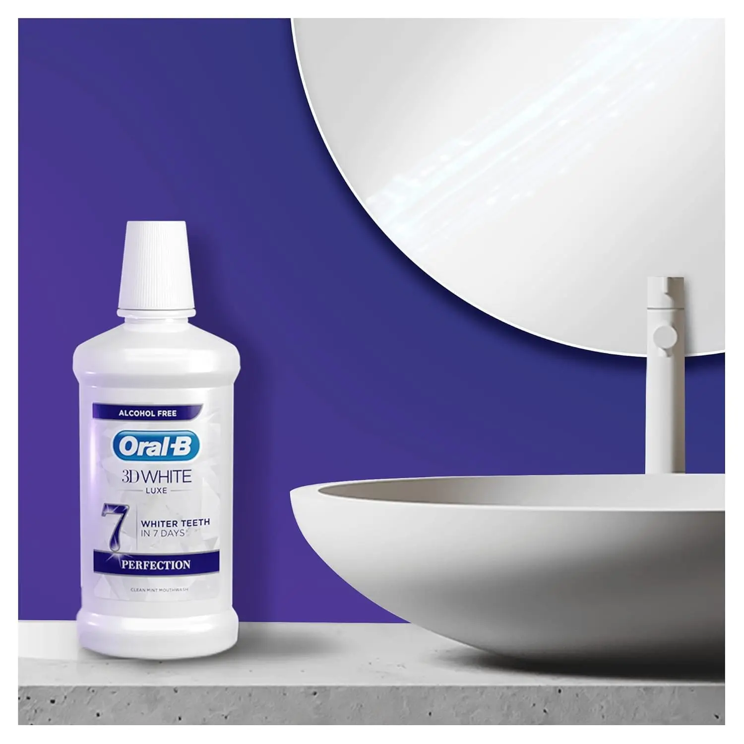 Oral-B 3D White Luxe Perfection mouthwash with clean mint flavour helps keep teeth naturally white, freshens breath and strengthens enamel for a brighter smile in just 7 days.