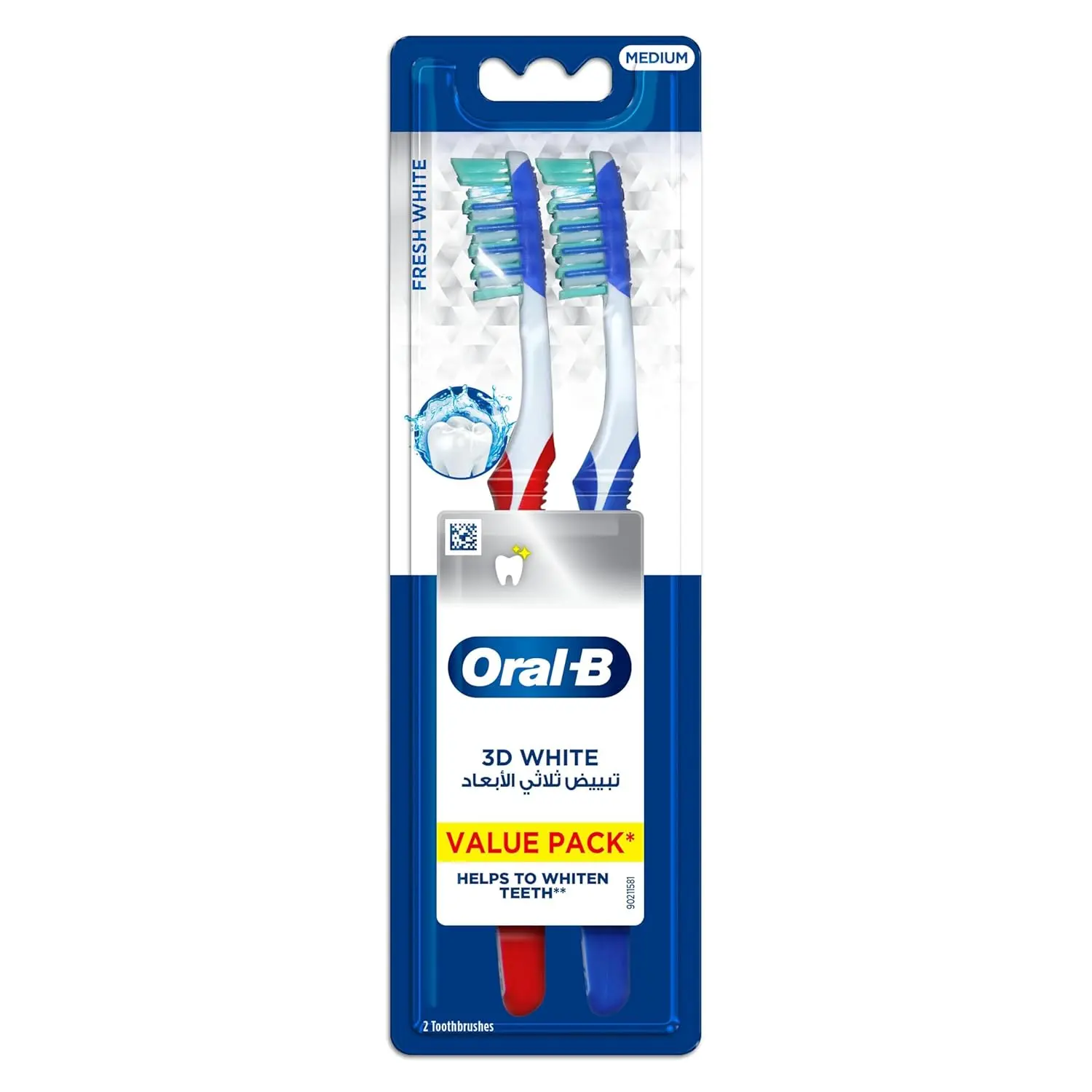 Two Oral-B 3D White Fresh manual toothbrushes with outer gingival stimulators for gum massage, plaque removal, and tongue cleaning for fresher breath.