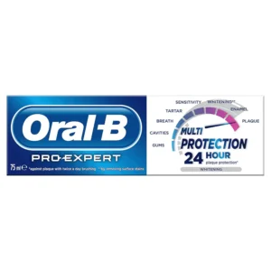 Tube of Oral-B Pro-Expert Whitening toothpaste promising a whiter smile in just three weeks by removing surface stains and impurities.