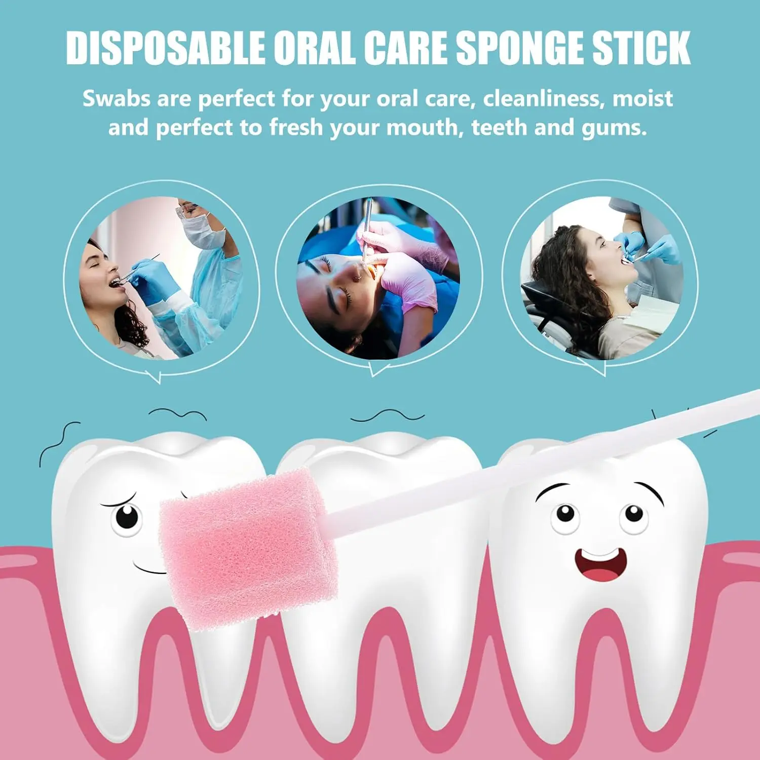Pink disposable oral care sponge swabs gently clean and moisten sensitive teeth and gums for seniors, adults, and children.