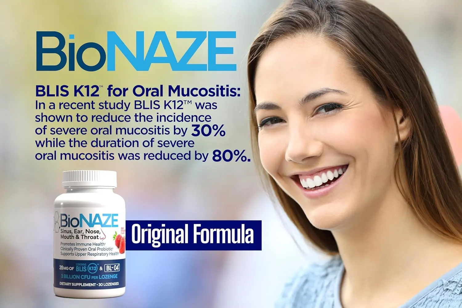 This oral probiotic supplement contains BLIS K12 and BL-04 to promote healthy gums, fresh breath, and upper respiratory defense against bad bacteria in the mouth, ear, nose, and throat.