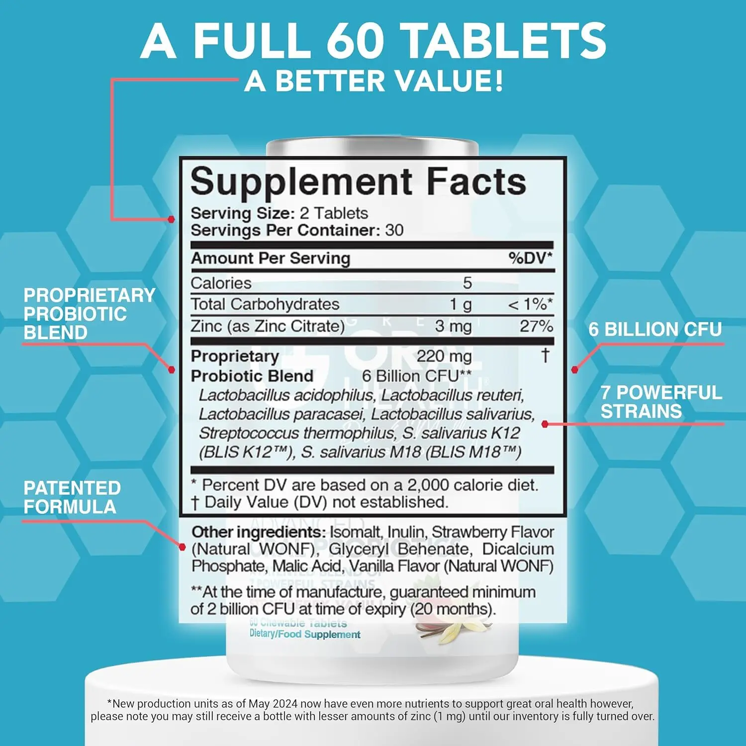 Chewable oral probiotics with BLIS K12 and M18 help fight bad breath, support healthy gums, and promote overall oral health.