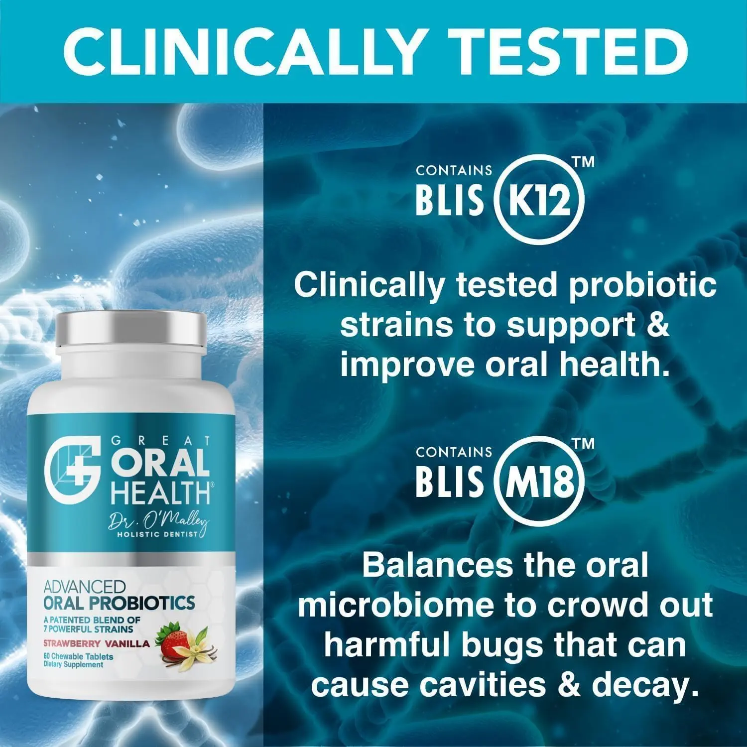 Chewable oral probiotics with BLIS K12 and M18 help fight bad breath, support healthy gums, and promote overall oral health.