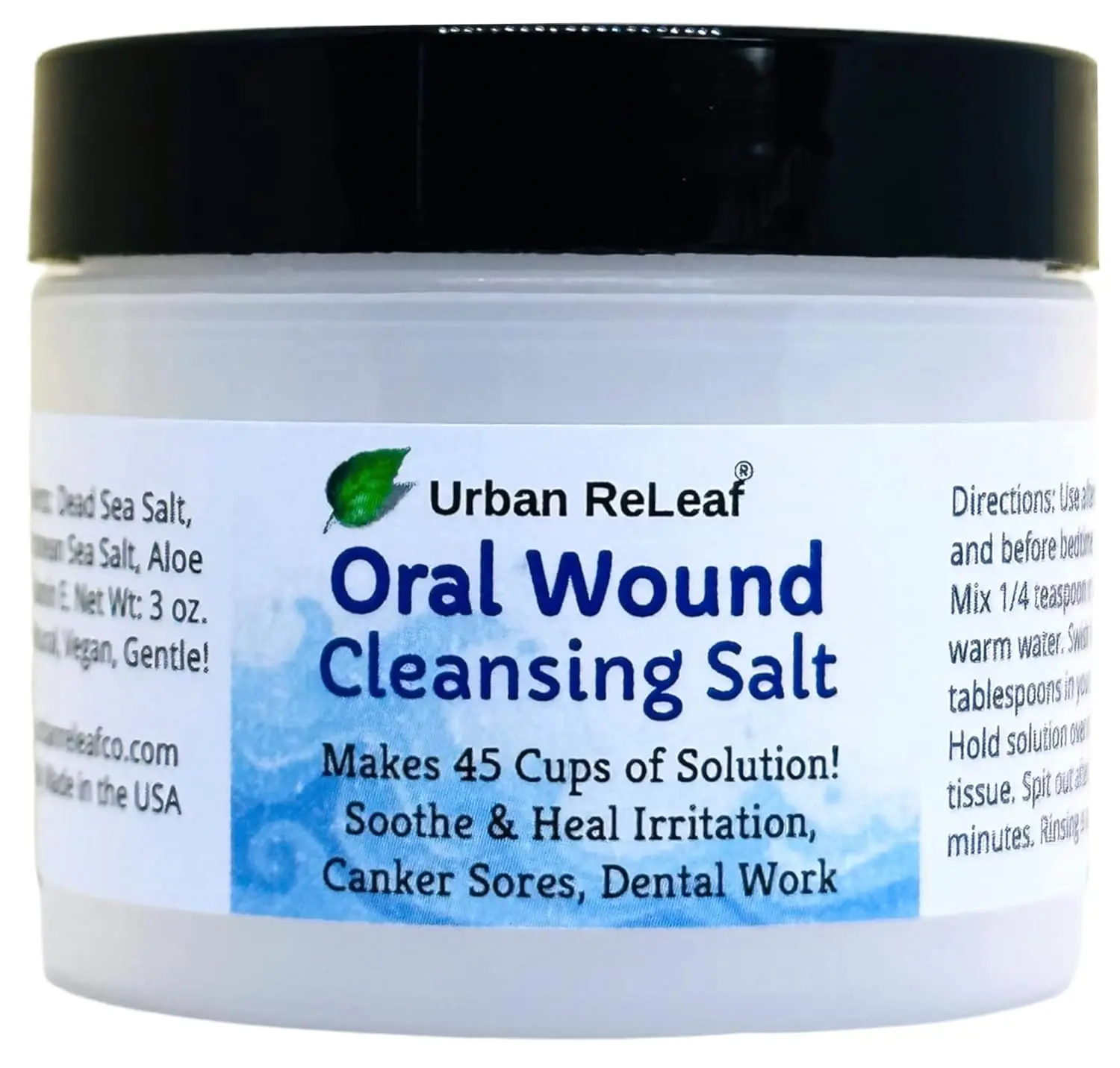 Urban ReLeaf oral wound cleansing salt provides soothing relief and promotes healing for mouth sores, gum irritation, and dental work recovery with a natural blend of sea salts, aloe vera, and vitamin E.