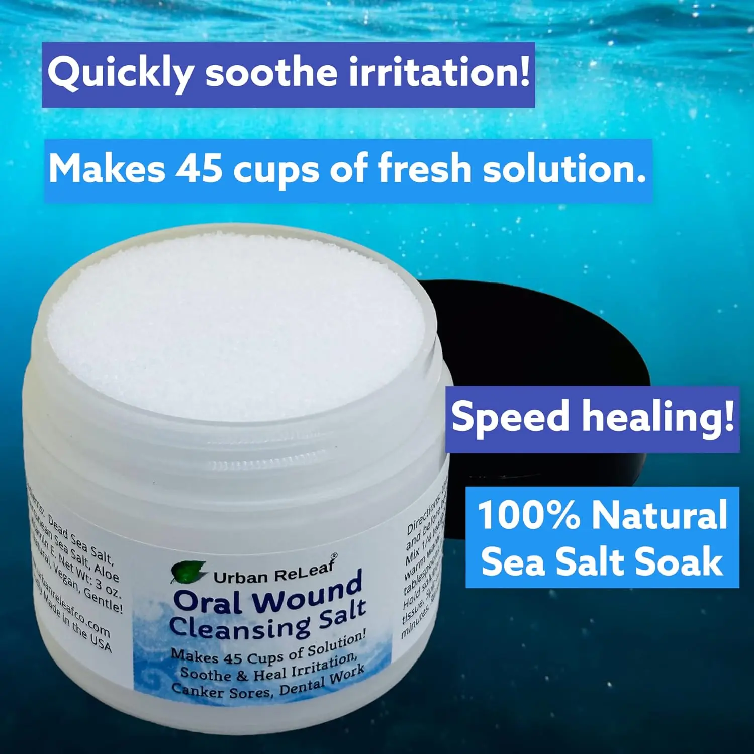 Urban ReLeaf oral wound cleansing salt provides soothing relief and promotes healing for mouth sores, gum irritation, and dental work recovery with a natural blend of sea salts, aloe vera, and vitamin E.