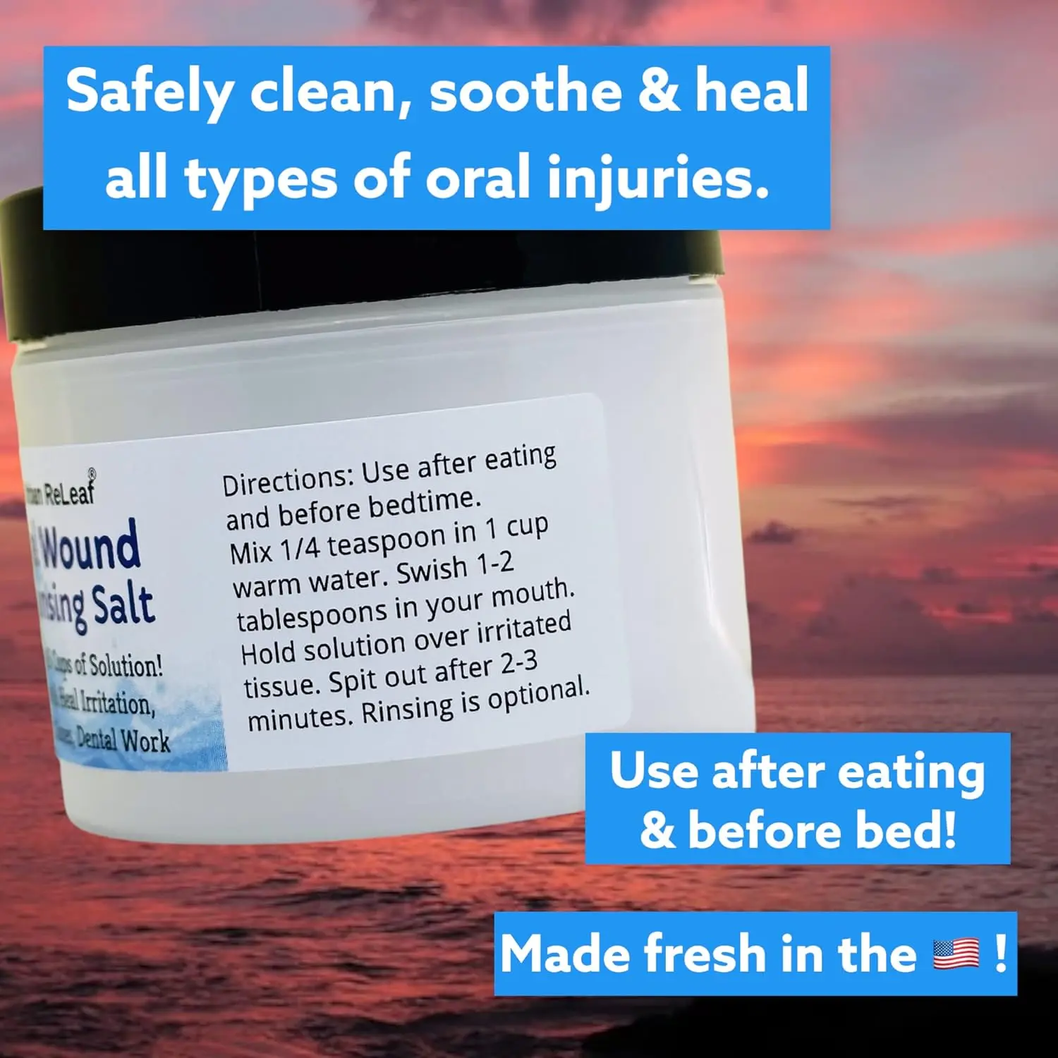 Urban ReLeaf oral wound cleansing salt provides soothing relief and promotes healing for mouth sores, gum irritation, and dental work recovery with a natural blend of sea salts, aloe vera, and vitamin E.