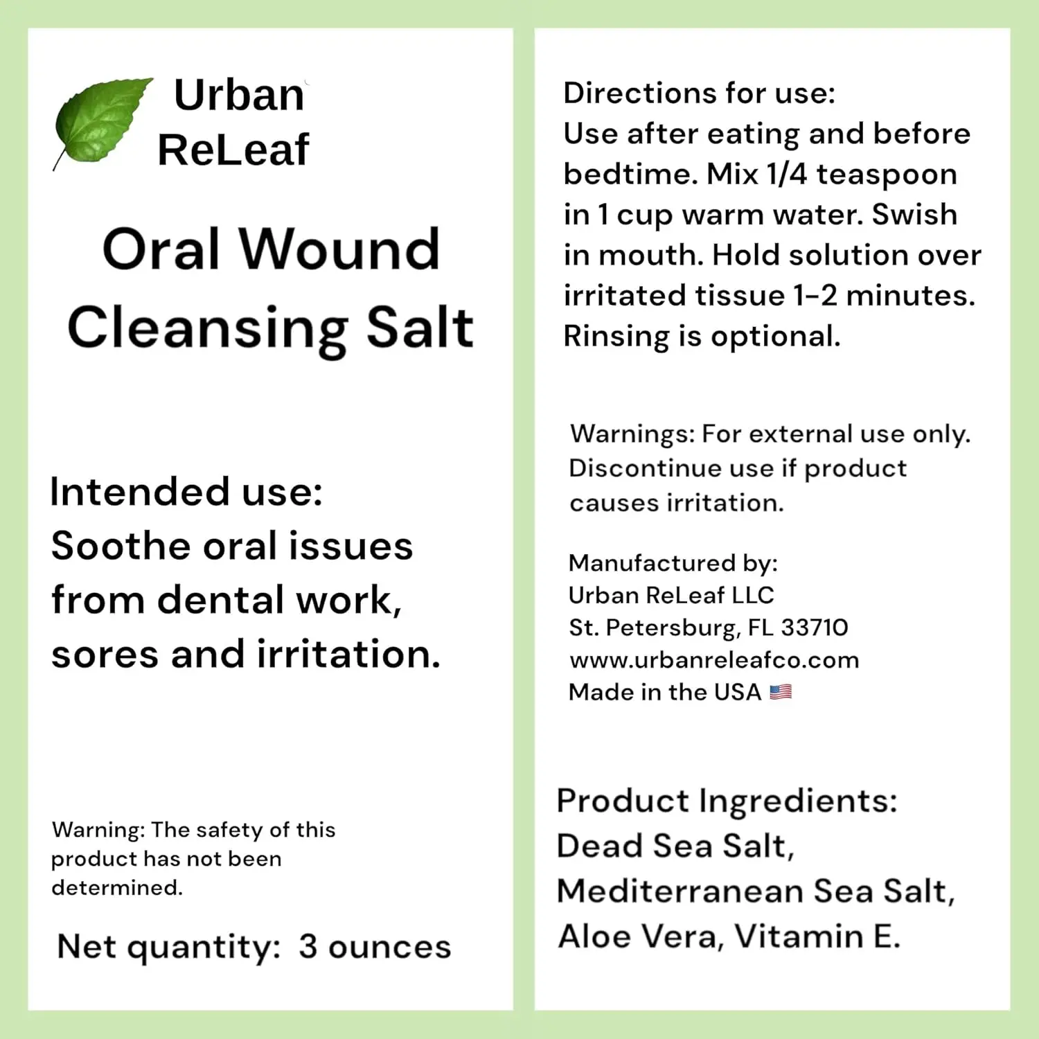 Urban ReLeaf oral wound cleansing salt provides soothing relief and promotes healing for mouth sores, gum irritation, and dental work recovery with a natural blend of sea salts, aloe vera, and vitamin E.