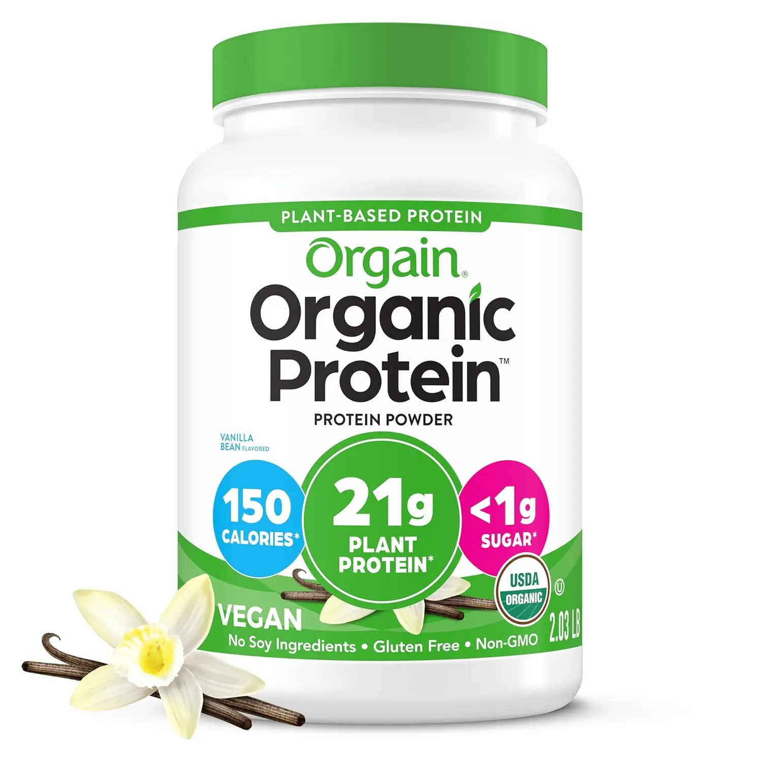 This is a container of Orgain Organic Plant Based Protein Powder in Vanilla Bean flavor, a vegan, gluten-free protein powder with 20 servings per container.