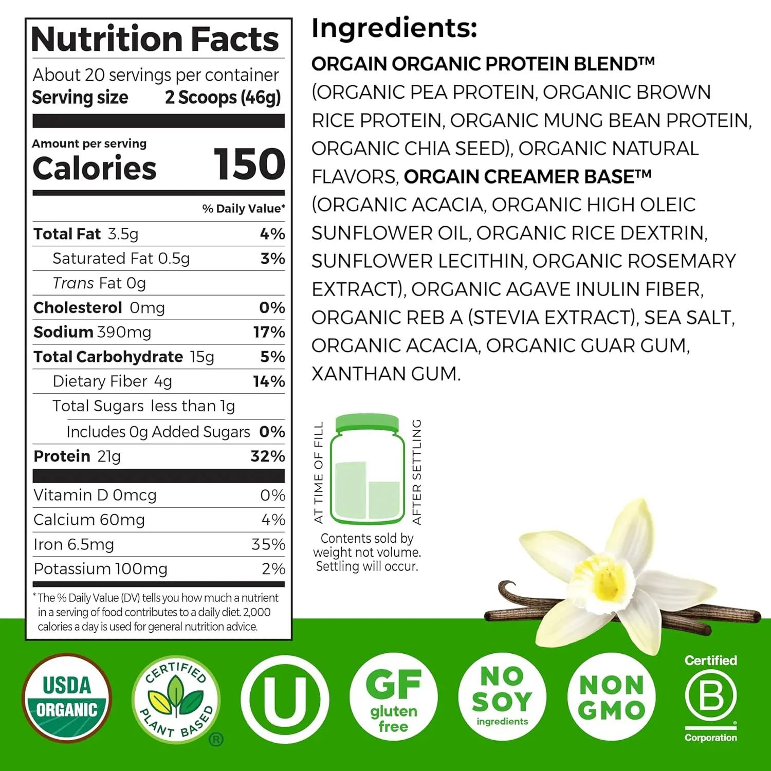 This is a container of Orgain Organic Plant Based Protein Powder in Vanilla Bean flavor, a vegan, gluten-free protein powder with 20 servings per container.