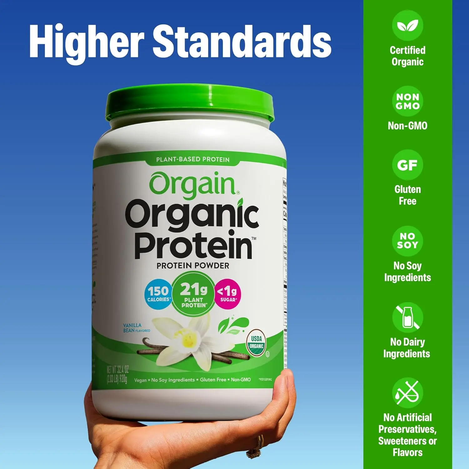 This is a container of Orgain Organic Plant Based Protein Powder in Vanilla Bean flavor, a vegan, gluten-free protein powder with 20 servings per container.