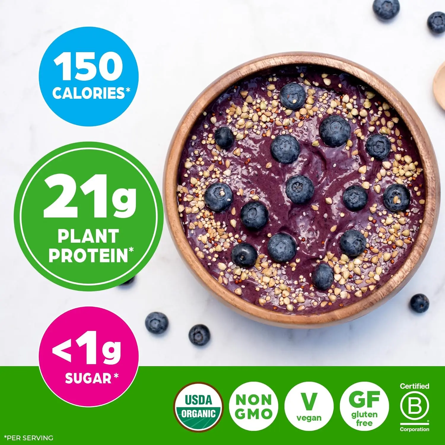 This is a container of Orgain Organic Plant Based Protein Powder in Vanilla Bean flavor, a vegan, gluten-free protein powder with 20 servings per container.