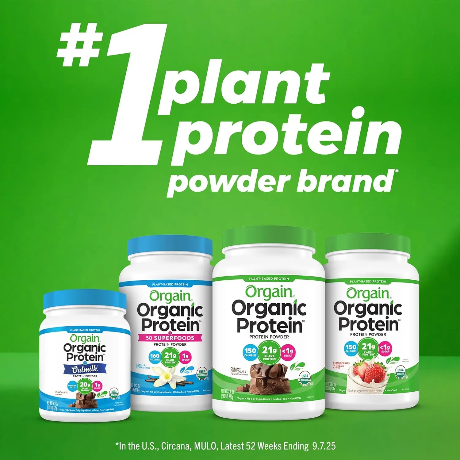 This is a container of Orgain Organic Plant Based Protein Powder in Vanilla Bean flavor, a vegan, gluten-free protein powder with 20 servings per container.