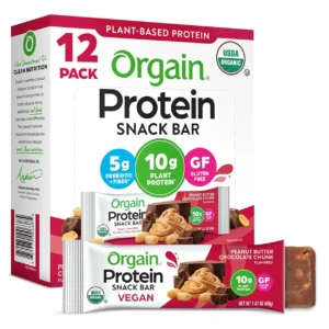 Orgain Organic Vegan Protein Bars in Peanut Butter Chocolate Chunk flavor, providing 10g of plant-based protein in a gluten-free, non-GMO, and low-calorie healthy snack.