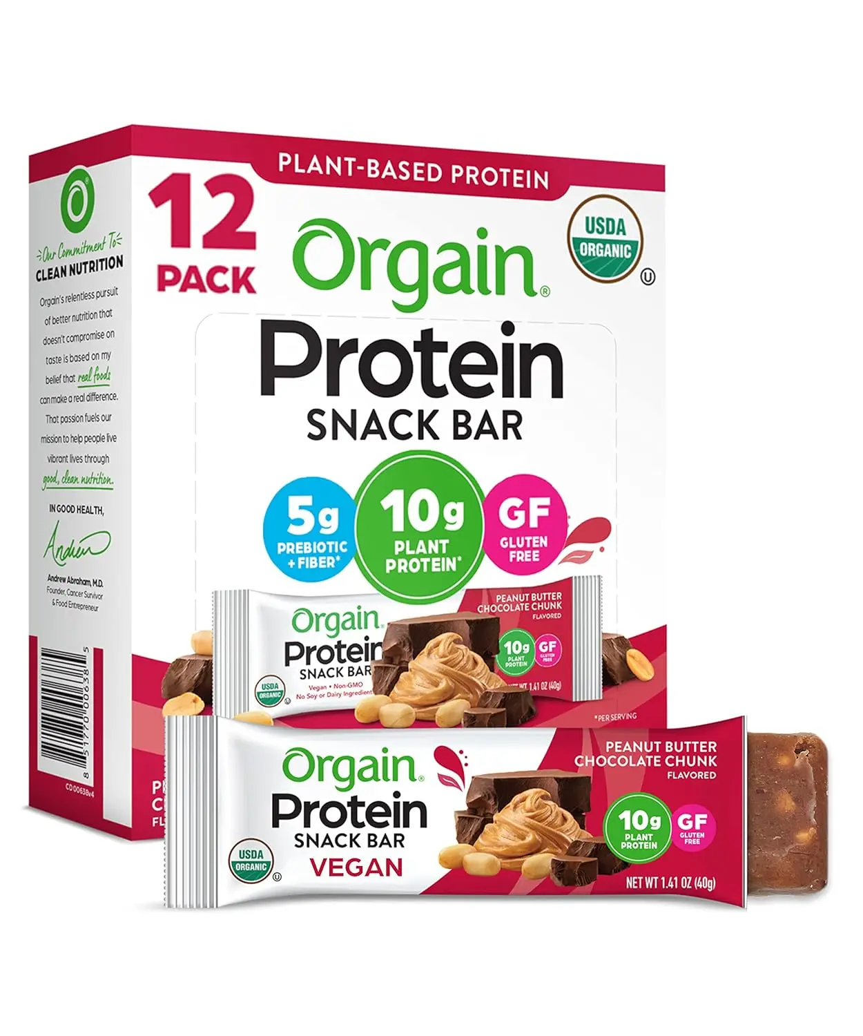 Orgain Organic Vegan Protein Bars in Peanut Butter Chocolate Chunk flavor, providing 10g of plant-based protein in a gluten-free, non-GMO, and low-calorie healthy snack.