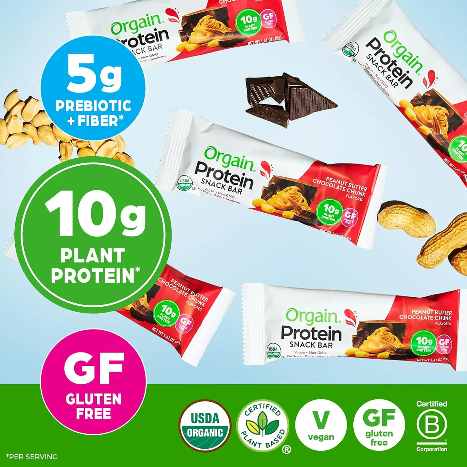 Orgain Organic Vegan Protein Bars in Peanut Butter Chocolate Chunk flavor, providing 10g of plant-based protein in a gluten-free, non-GMO, and low-calorie healthy snack.