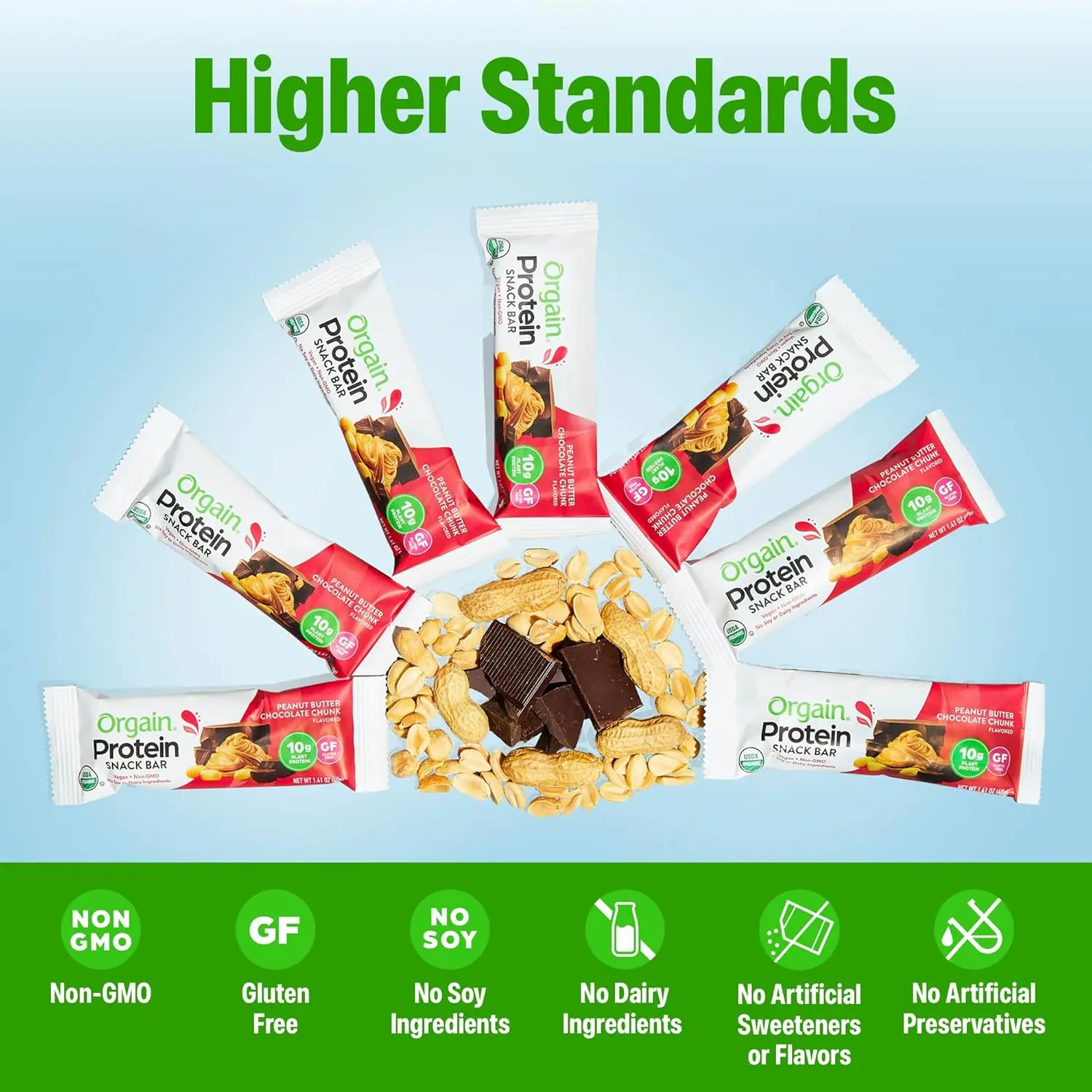 Orgain Organic Vegan Protein Bars in Peanut Butter Chocolate Chunk flavor, providing 10g of plant-based protein in a gluten-free, non-GMO, and low-calorie healthy snack.