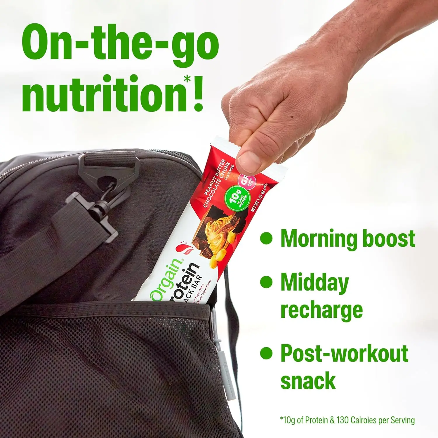 Orgain Organic Vegan Protein Bars in Peanut Butter Chocolate Chunk flavor, providing 10g of plant-based protein in a gluten-free, non-GMO, and low-calorie healthy snack.