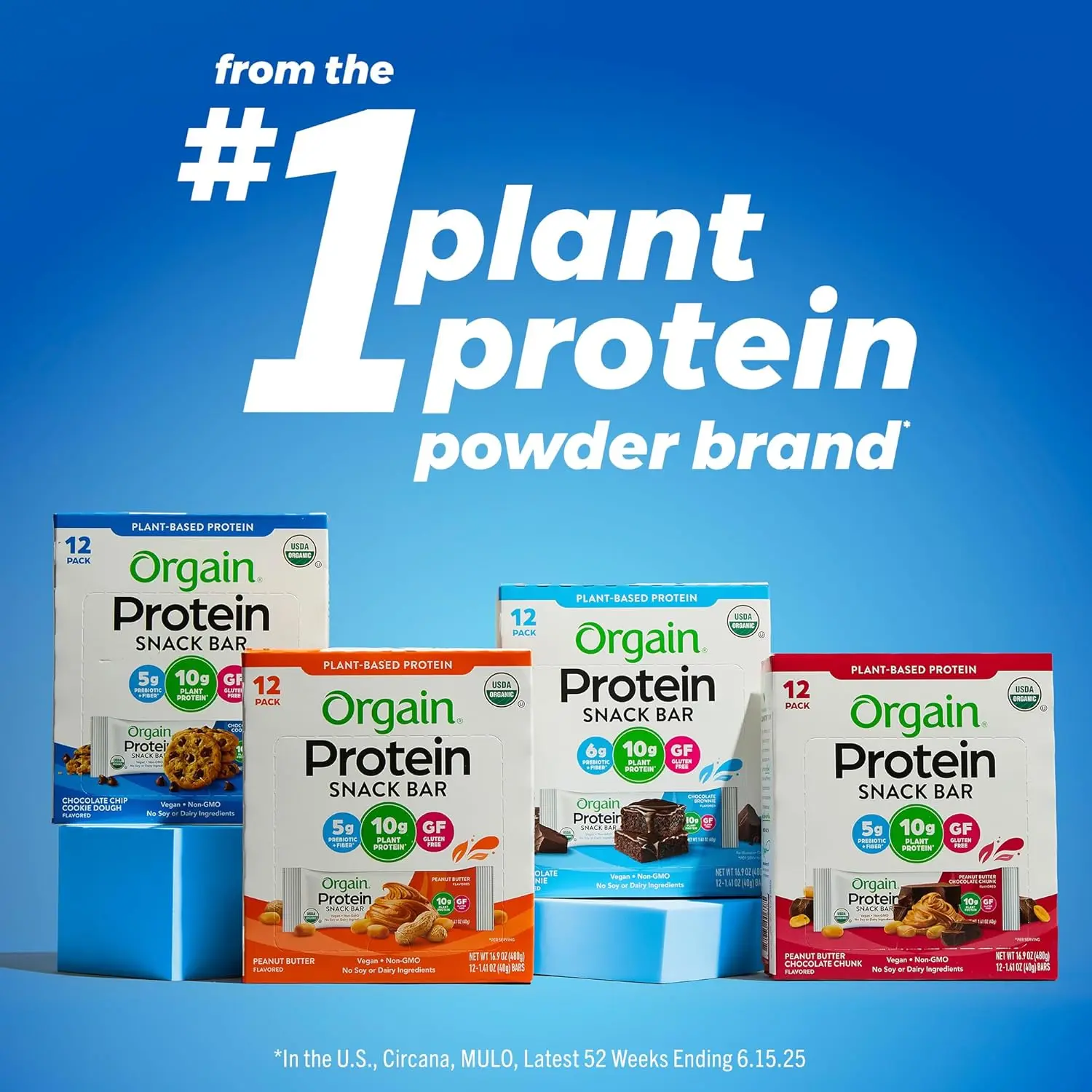 Orgain Organic Vegan Protein Bars in Peanut Butter Chocolate Chunk flavor, providing 10g of plant-based protein in a gluten-free, non-GMO, and low-calorie healthy snack.