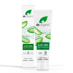 Tube of Dr. Organic Aloe Vera toothpaste for gentle and effective teeth cleaning.