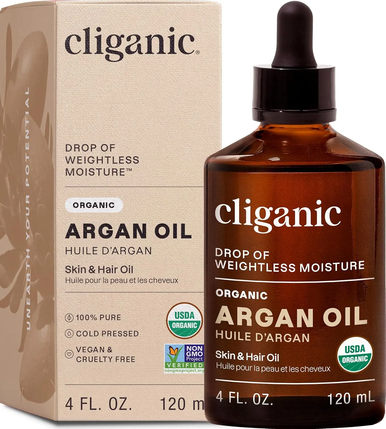 Cliganic USDA certified organic argan oil is a pure, cold-pressed carrier oil perfect for moisturizing hair, face, and skin.