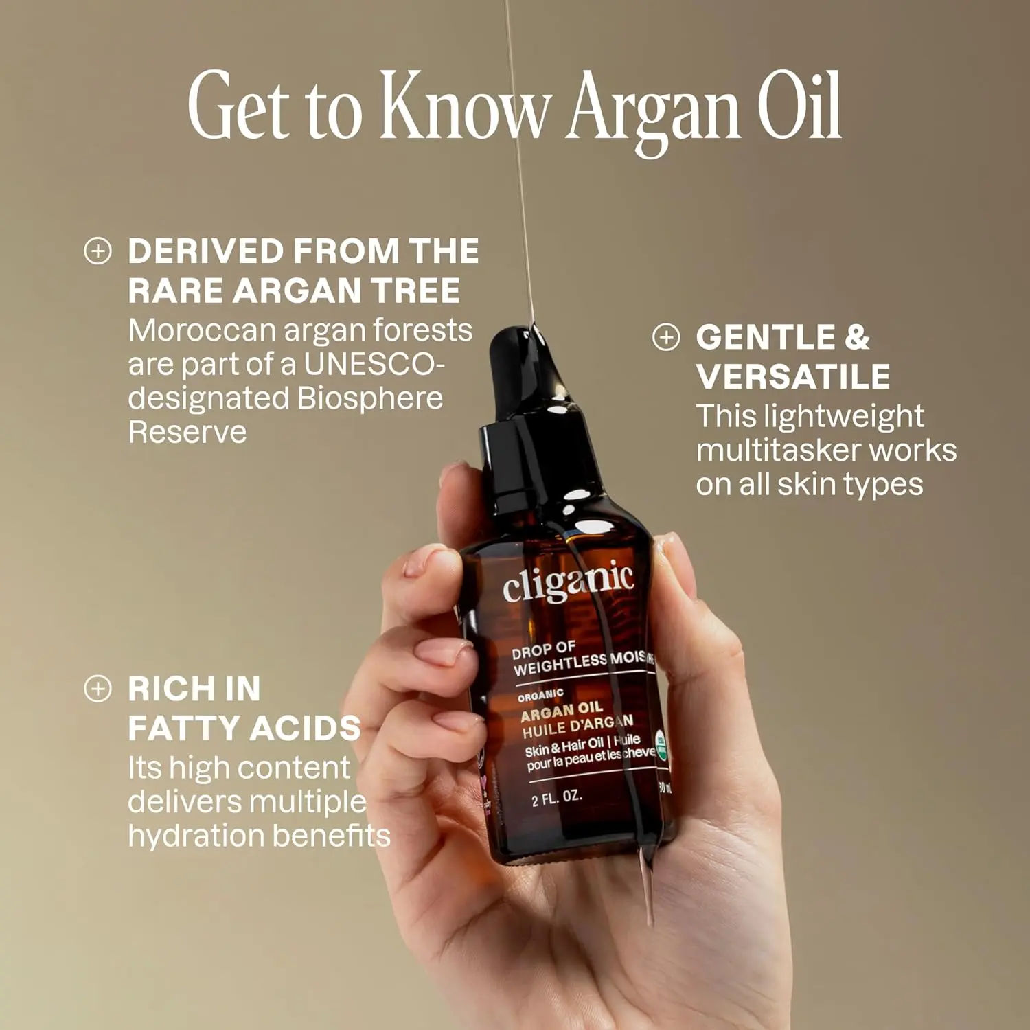Cliganic USDA certified organic argan oil is a pure, cold-pressed carrier oil perfect for moisturizing hair, face, and skin.