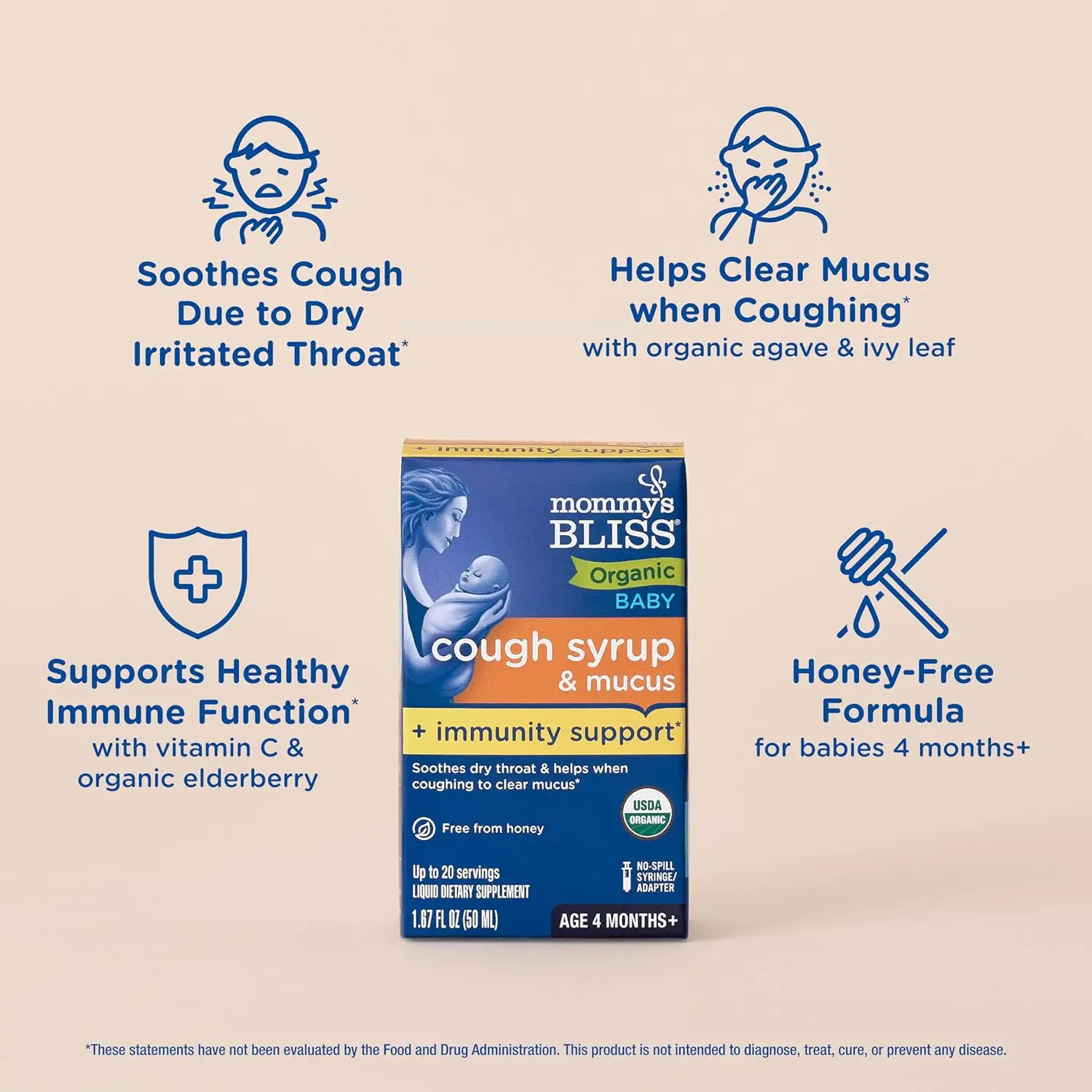 Bottle of Mommy's Bliss organic baby cough syrup with elderberry and vitamin C to soothe coughs and support immune health.