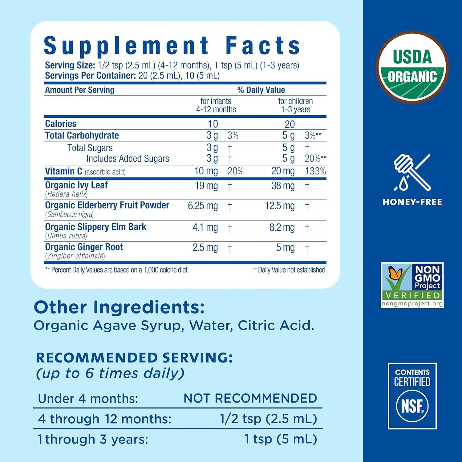 Bottle of Mommy's Bliss organic baby cough syrup with elderberry and vitamin C to soothe coughs and support immune health.