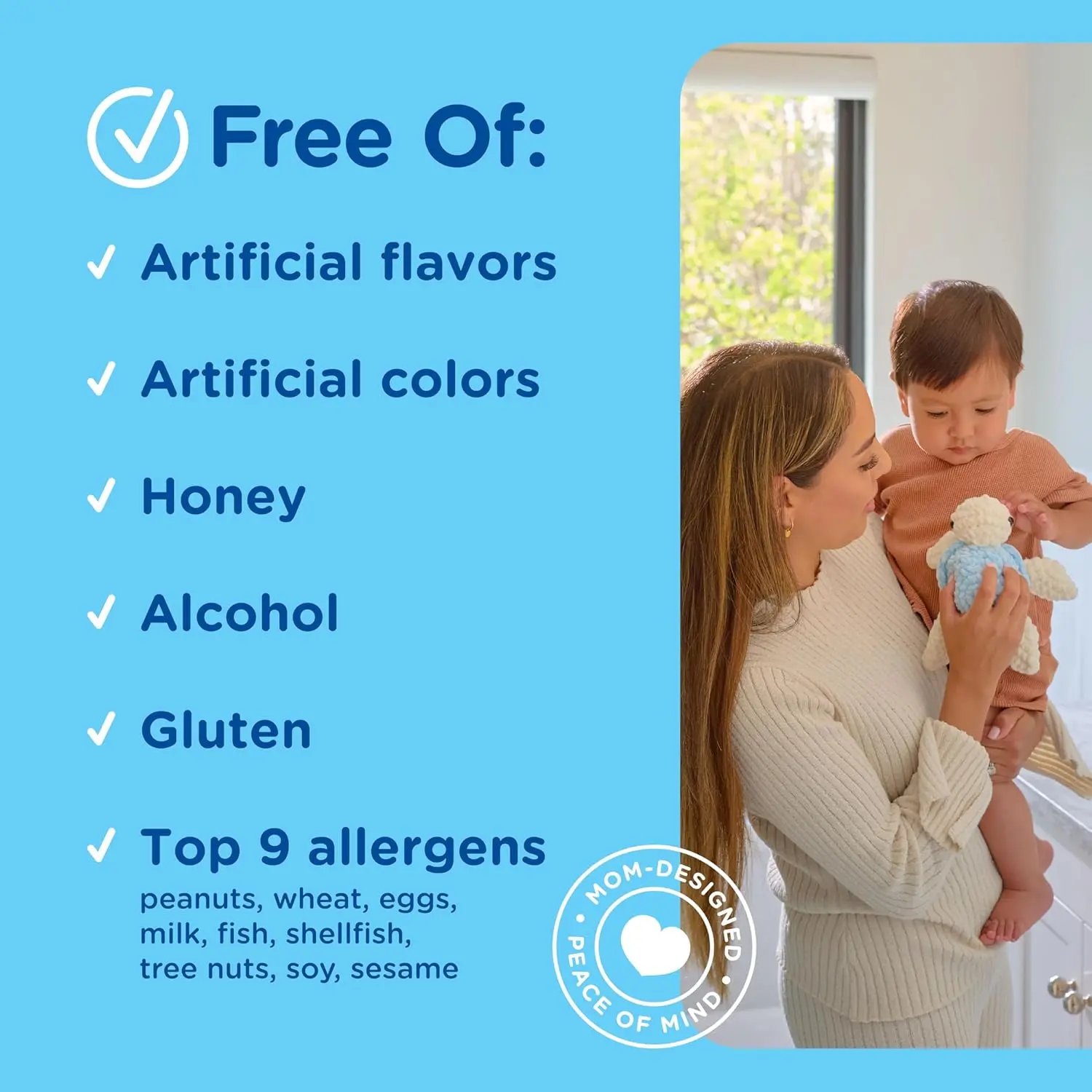 Bottle of Mommy's Bliss organic baby cough syrup with elderberry and vitamin C to soothe coughs and support immune health.