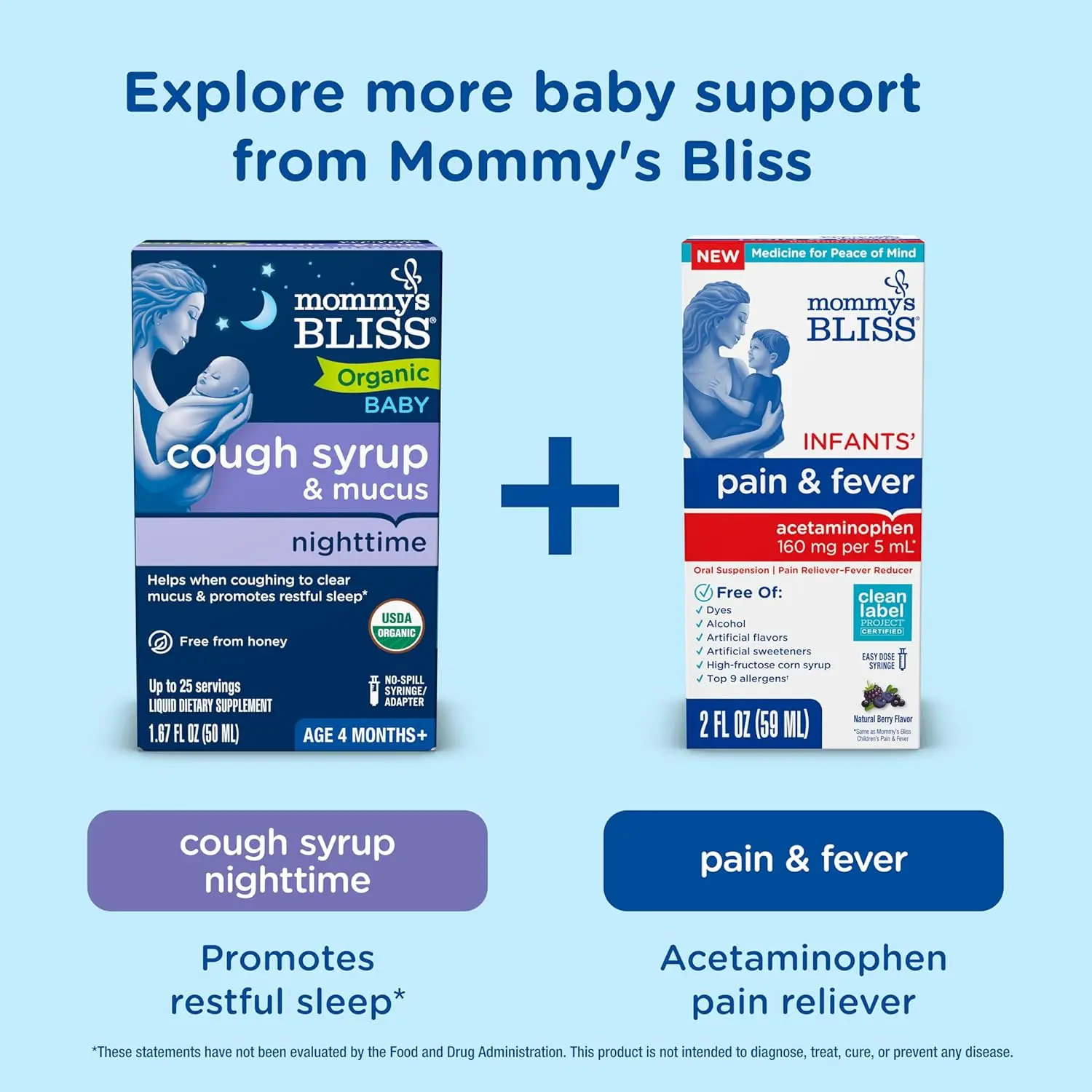 Bottle of Mommy's Bliss organic baby cough syrup with elderberry and vitamin C to soothe coughs and support immune health.