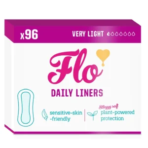 96-count pack of FLO organic bamboo panty liners for women, featuring soft, breathable, hypoallergenic protection in sustainable, plastic-free packaging.