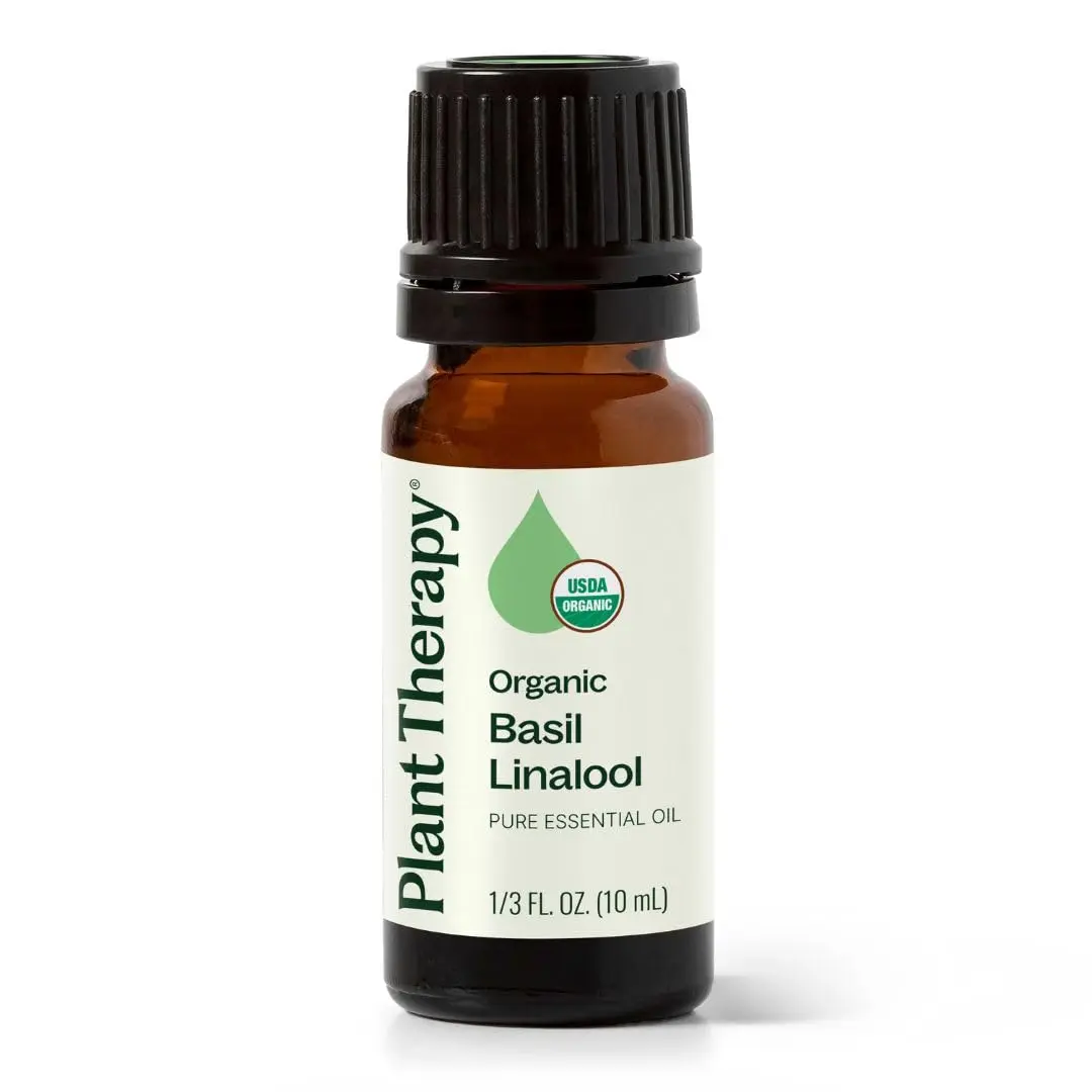 Plant Therapy organic basil linalool essential oil in a small amber bottle, steam distilled from basil leaves for a sweet, herbaceous, and uplifting aroma.