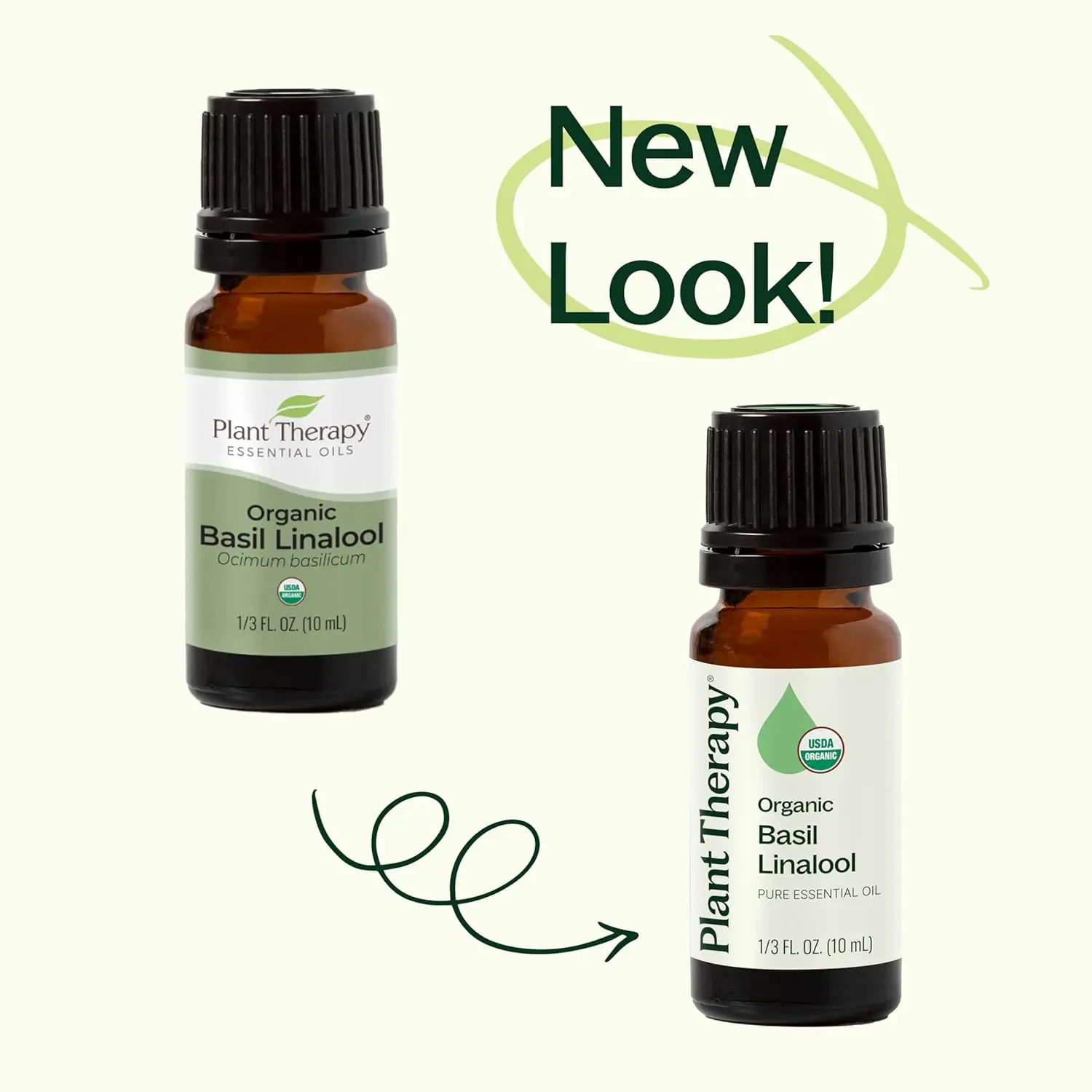 Plant Therapy organic basil linalool essential oil in a small amber bottle, steam distilled from basil leaves for a sweet, herbaceous, and uplifting aroma.