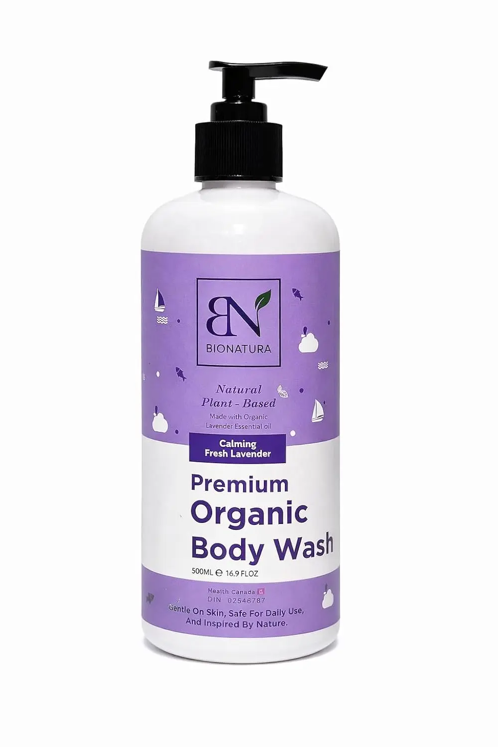 A bottle of organic body wash made with natural coconut and olive oils for moisturizing and gentle cleansing.