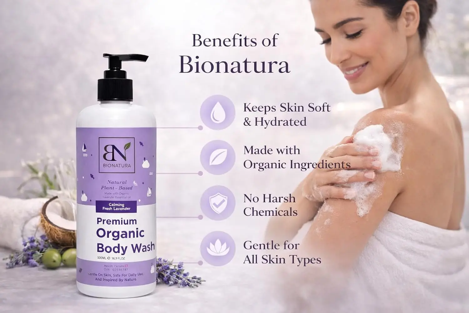 A bottle of organic body wash made with natural coconut and olive oils for moisturizing and gentle cleansing.