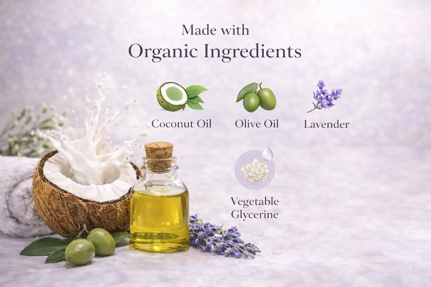 A bottle of organic body wash made with natural coconut and olive oils for moisturizing and gentle cleansing.