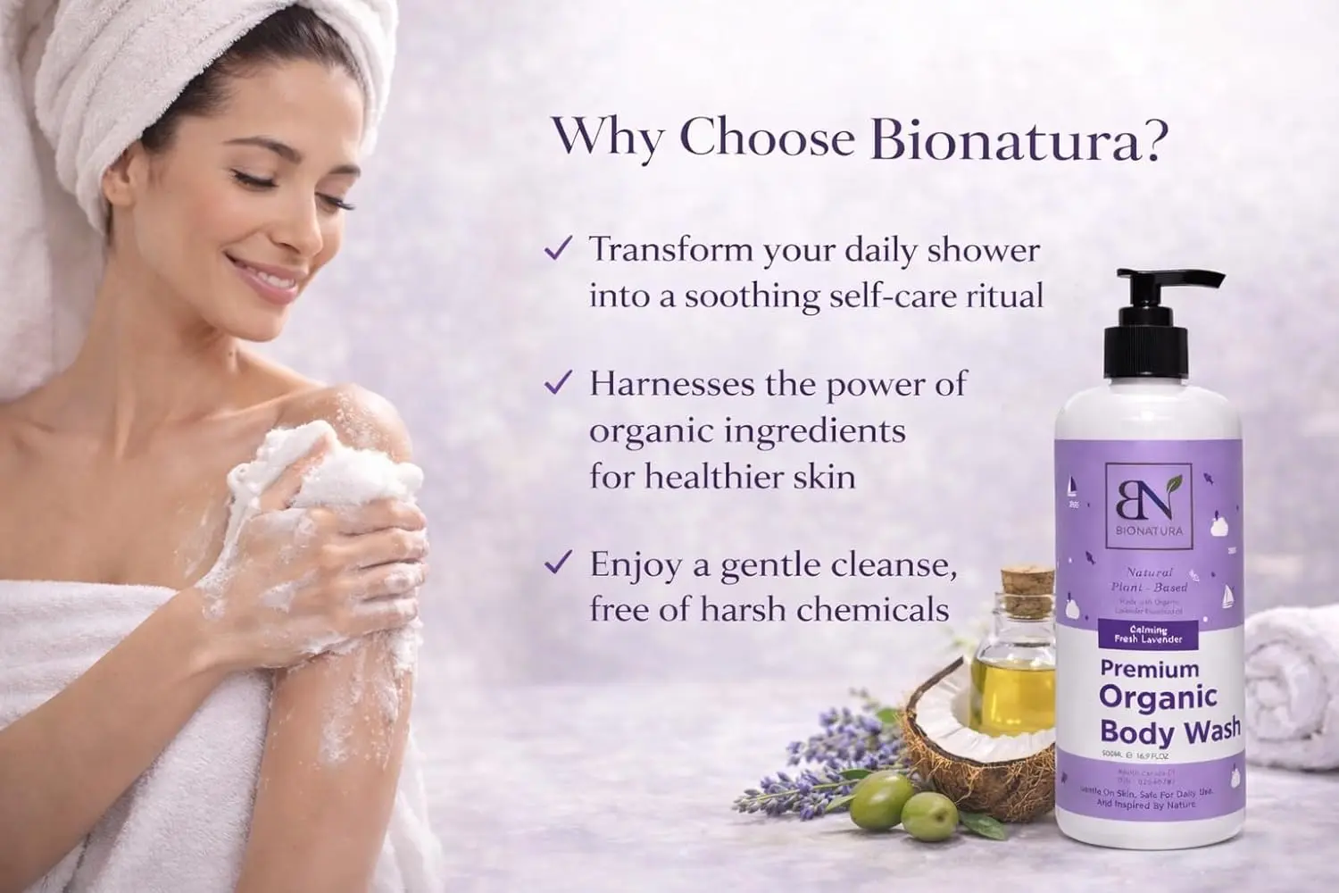 A bottle of organic body wash made with natural coconut and olive oils for moisturizing and gentle cleansing.