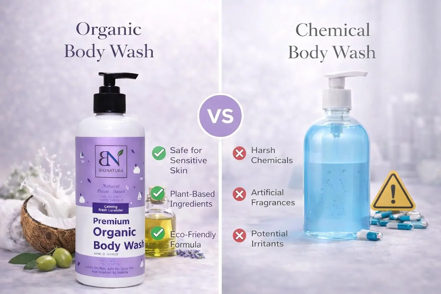 A bottle of organic body wash made with natural coconut and olive oils for moisturizing and gentle cleansing.