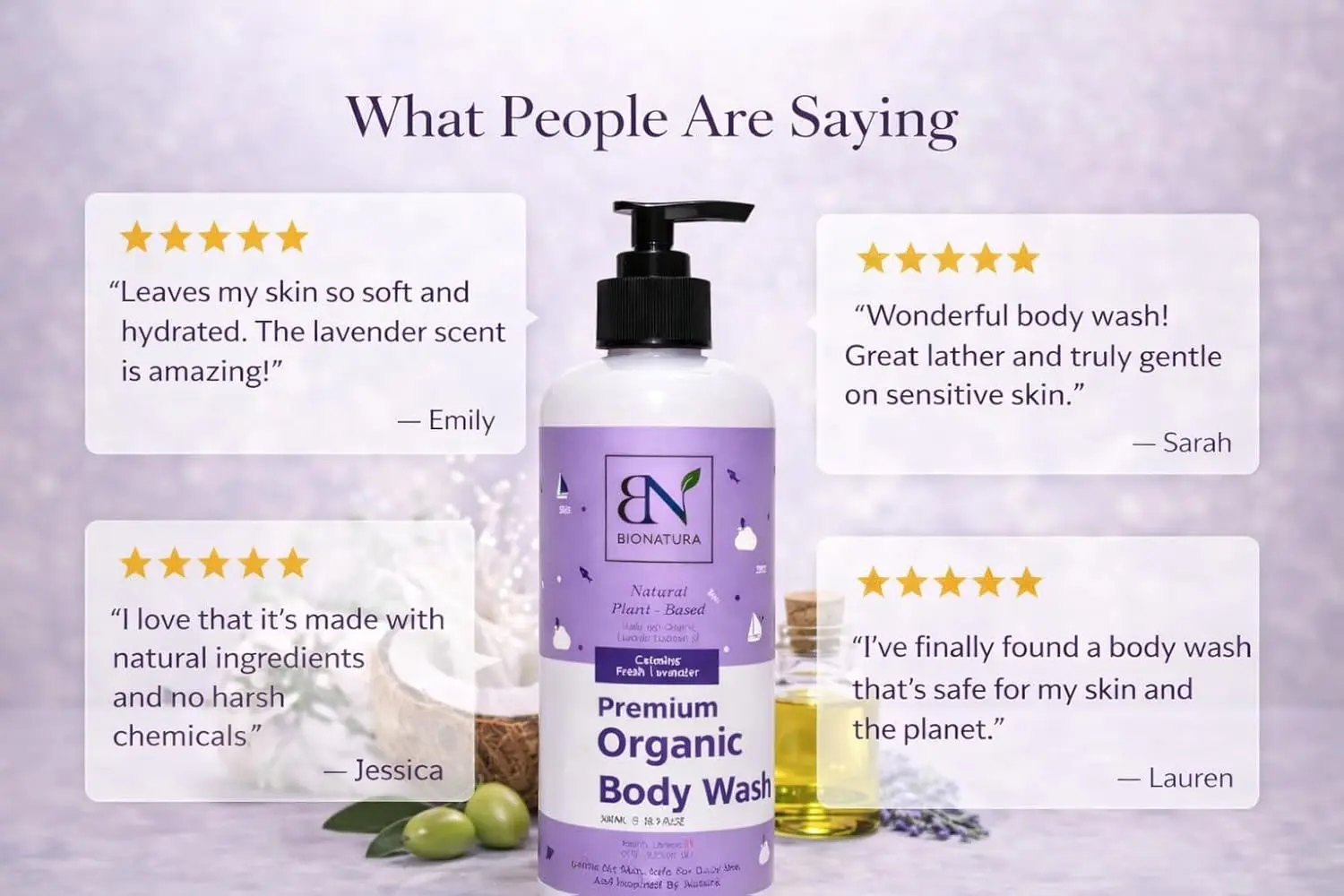 A bottle of organic body wash made with natural coconut and olive oils for moisturizing and gentle cleansing.