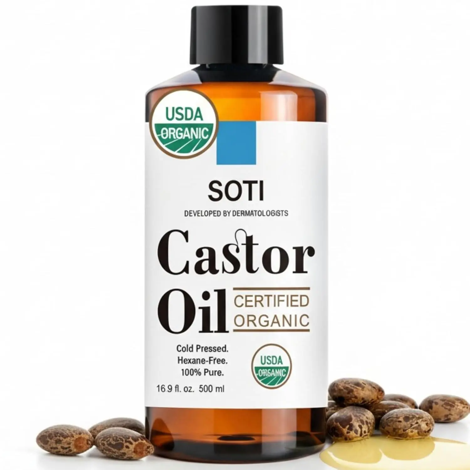 Soti organic castor oil is USDA certified 100% pure and cold-pressed, perfect for moisturizing skin and stimulating hair, eyelash, and eyebrow growth.