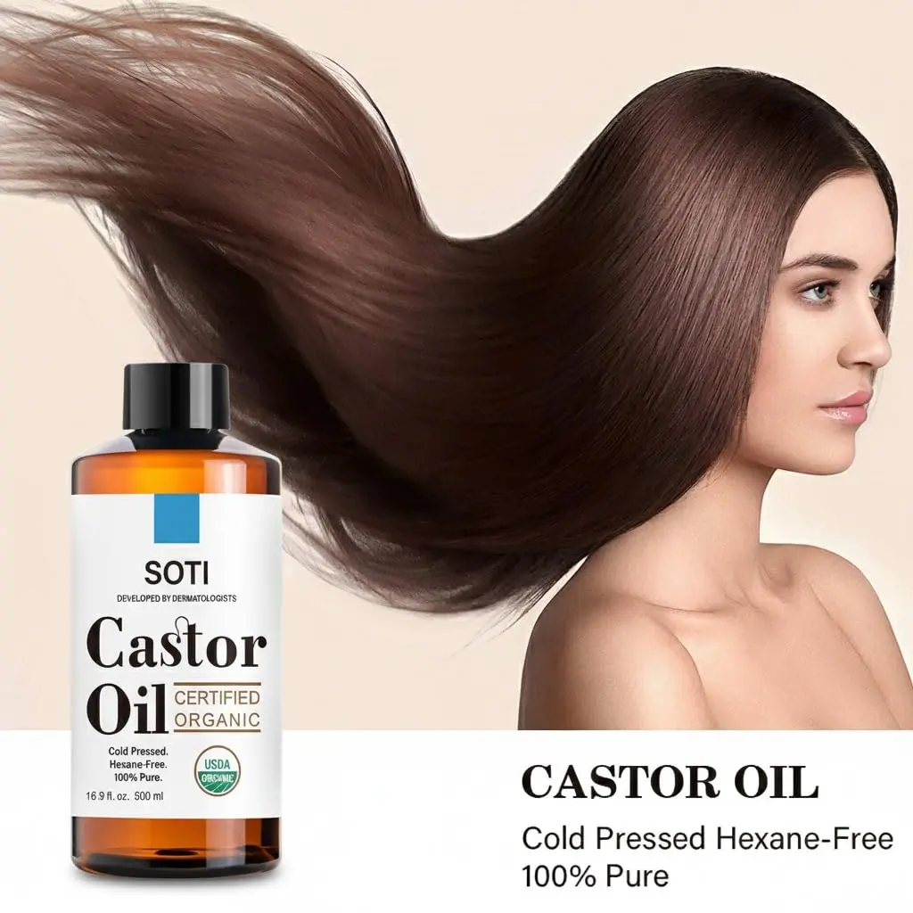 Soti organic castor oil is USDA certified 100% pure and cold-pressed, perfect for moisturizing skin and stimulating hair, eyelash, and eyebrow growth.