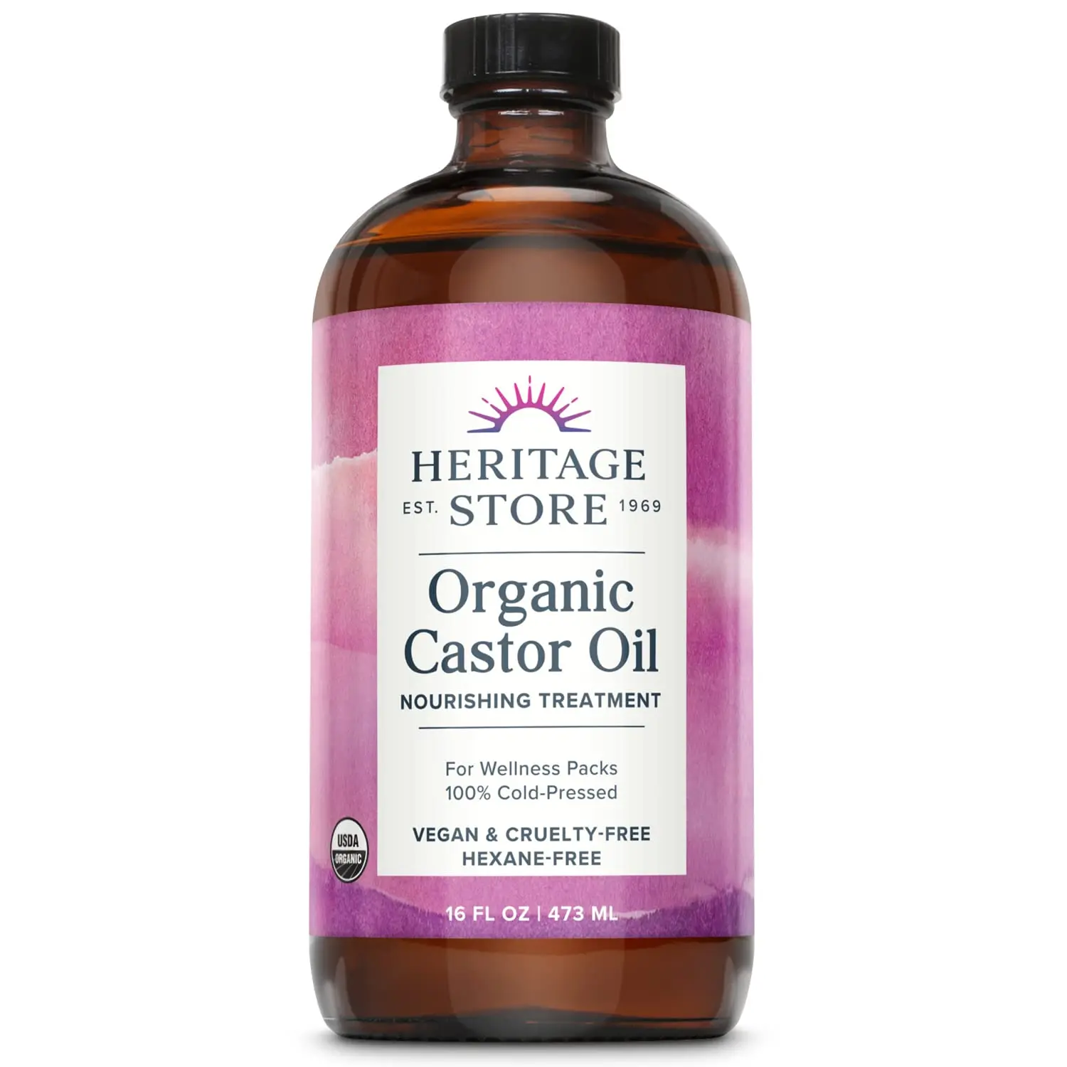 Heritage Store organic castor oil in a dark glass bottle, used for hair growth, eyebrow enhancement, and skin moisturizing, showcasing its pure and natural cold-pressed hexane-free formula.