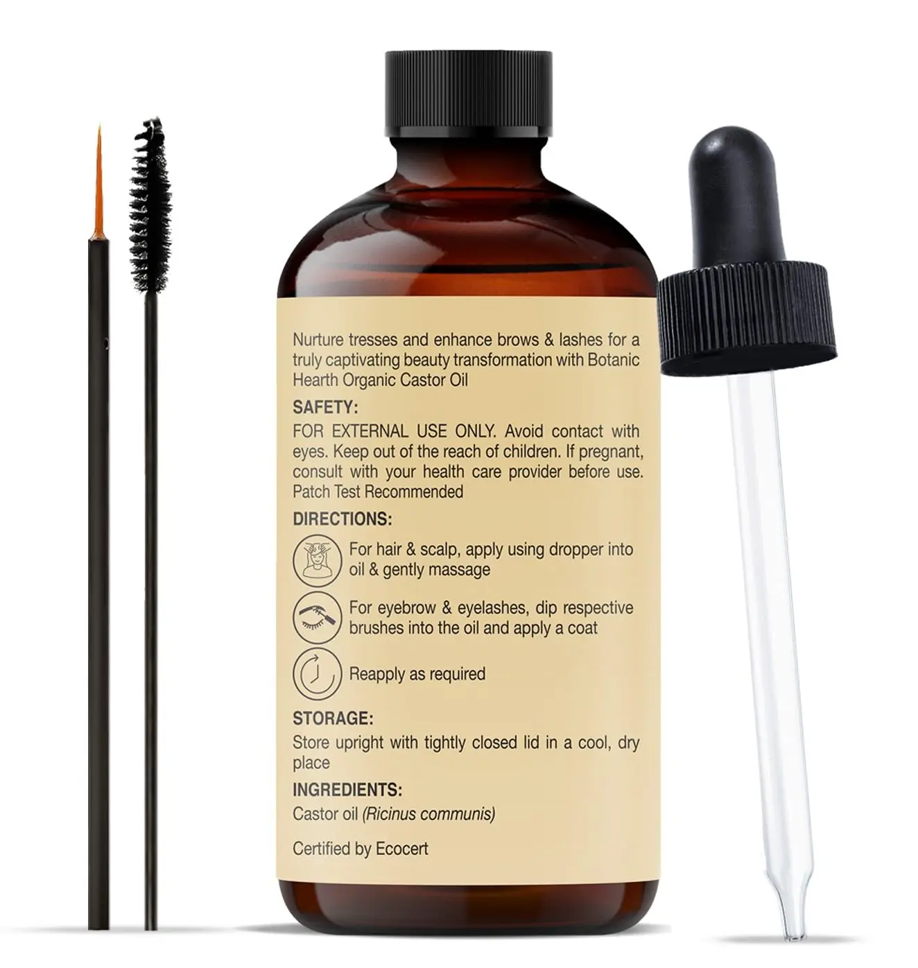 Botanic Hearth organic castor oil in a glass bottle with dropper and lash brushes, perfect for nourishing hair, eyelashes, and eyebrows, promoting healthy growth and shine.