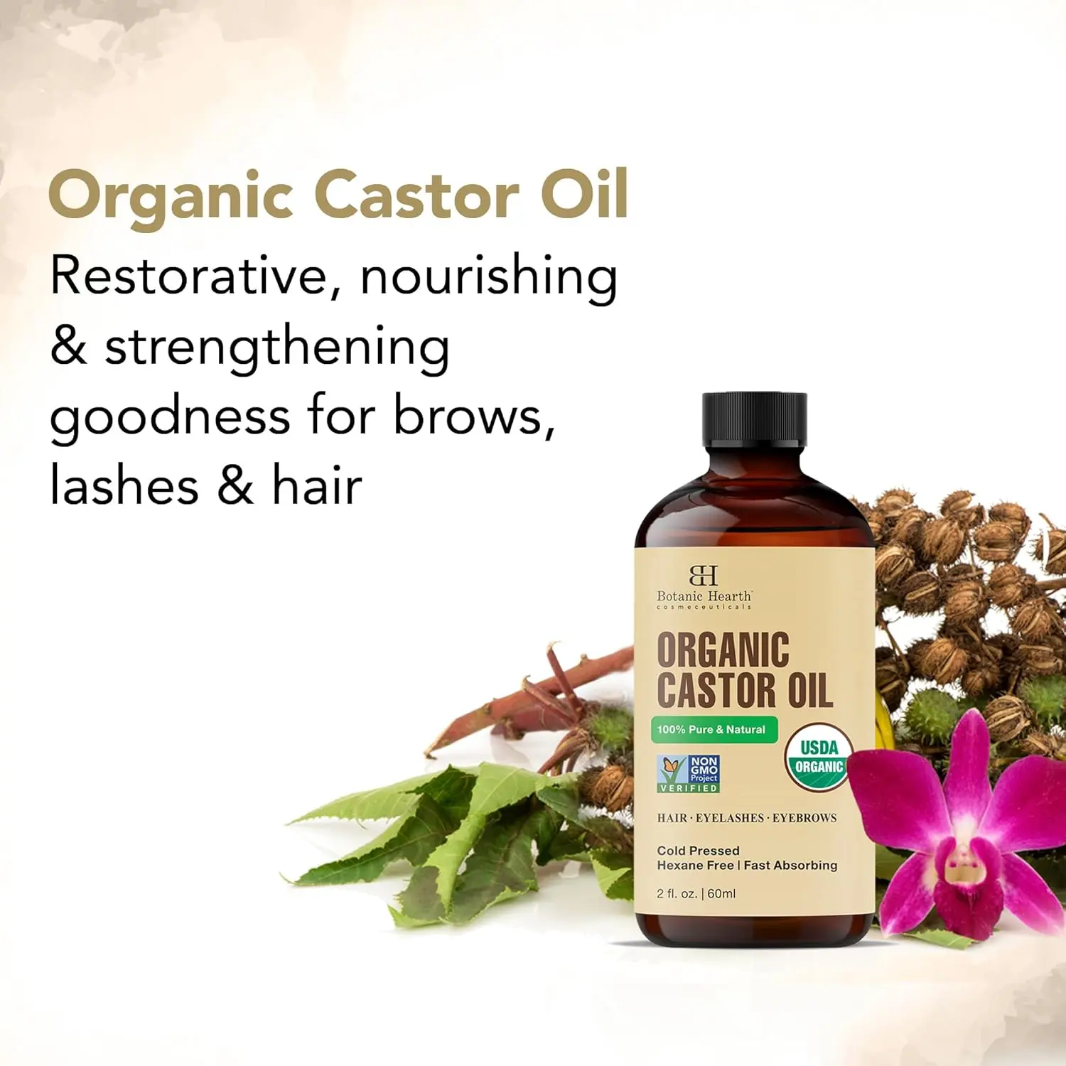 Botanic Hearth organic castor oil in a glass bottle with dropper and lash brushes, perfect for nourishing hair, eyelashes, and eyebrows, promoting healthy growth and shine.