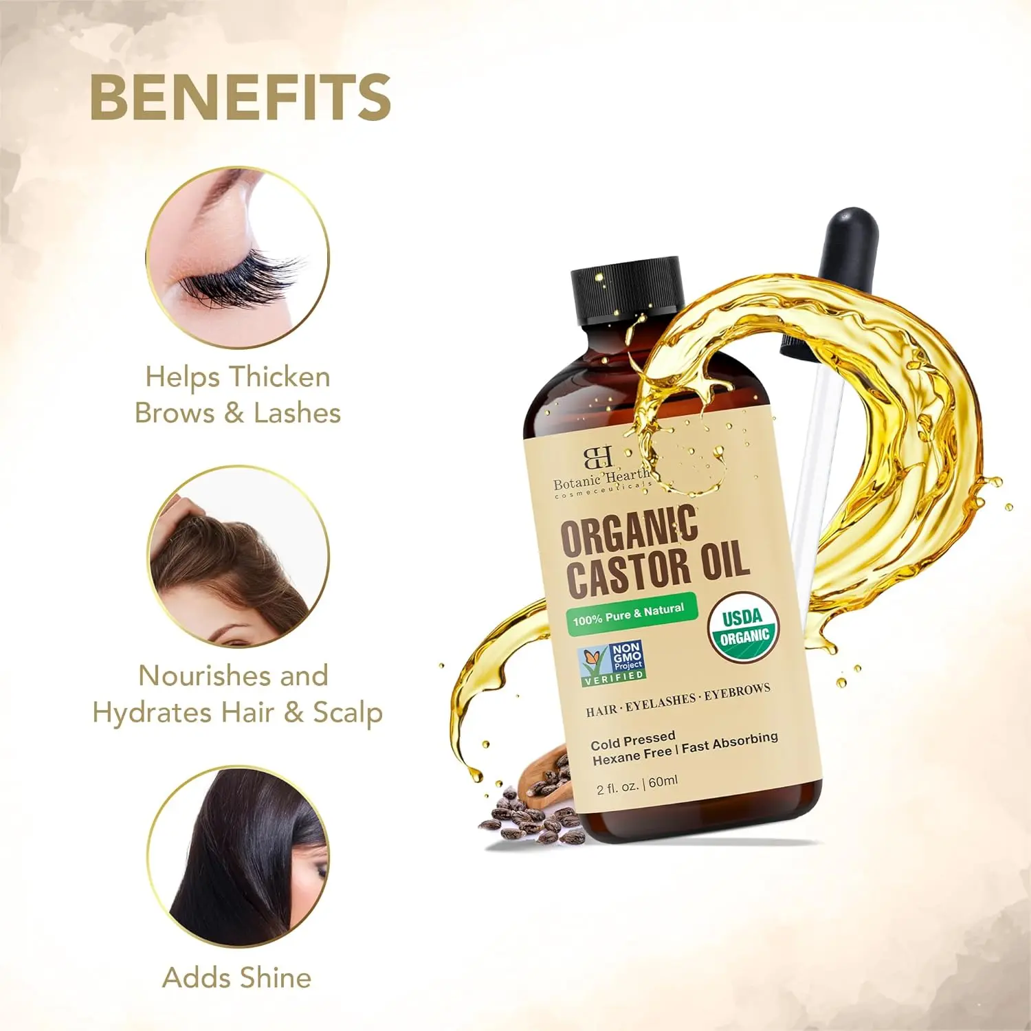 Botanic Hearth organic castor oil in a glass bottle with dropper and lash brushes, perfect for nourishing hair, eyelashes, and eyebrows, promoting healthy growth and shine.
