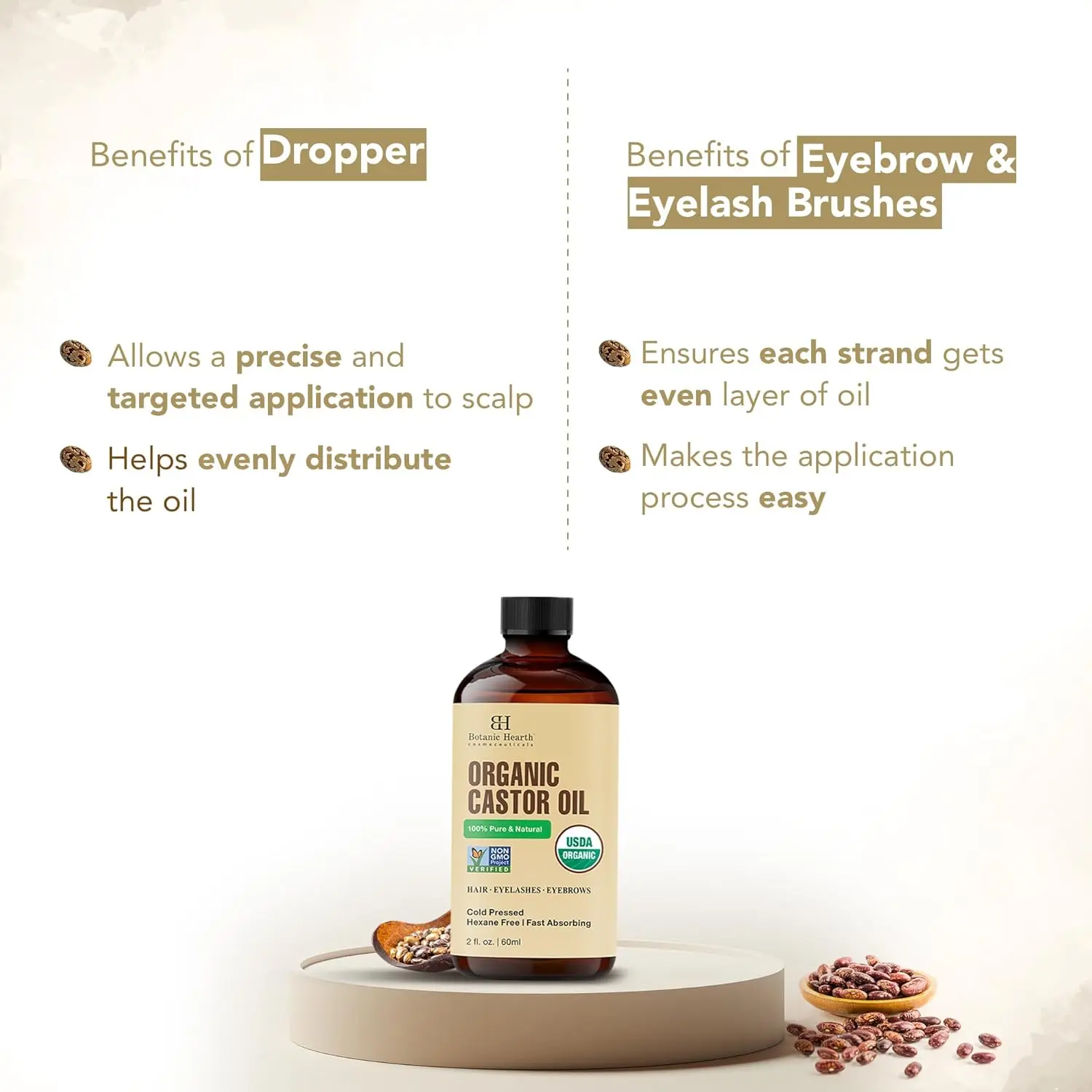 Botanic Hearth organic castor oil in a glass bottle with dropper and lash brushes, perfect for nourishing hair, eyelashes, and eyebrows, promoting healthy growth and shine.