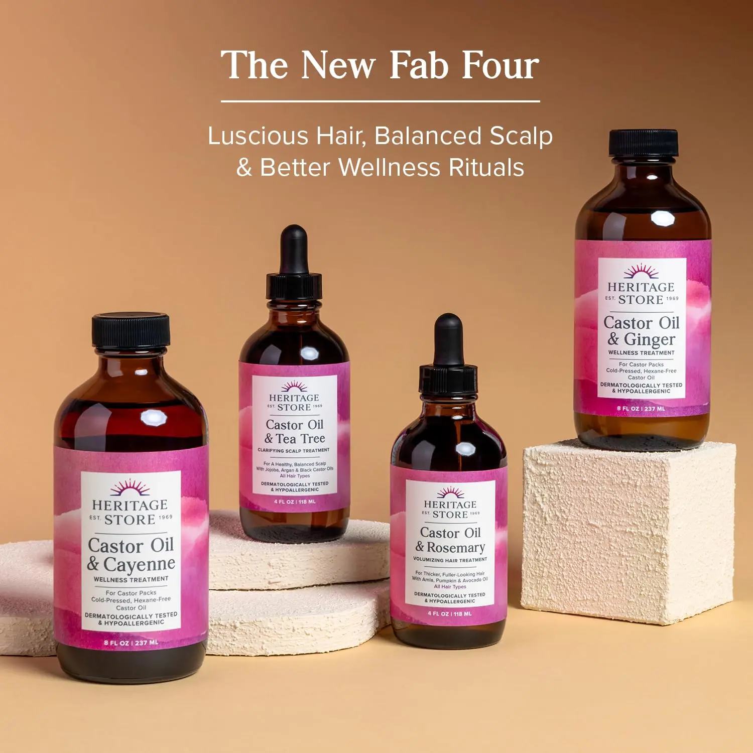 Heritage Store organic castor oil in a dark glass bottle, used for hair growth, eyebrow enhancement, and skin moisturizing, showcasing its pure and natural cold-pressed hexane-free formula.