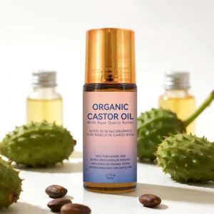 This organic castor oil roll-on with rose quartz is perfect for skin, brows, and lashes, and the included castor oil pack supports natural self-care in the pelvic area with organic cotton flannel and stretchy nylon straps.